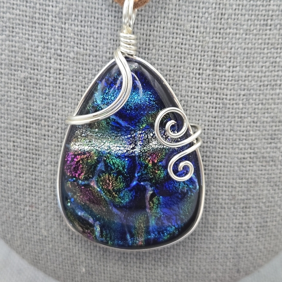 Rainbow Dichroic Glass Wire-Wrapped Pendant Necklace - Picture 3 of 6